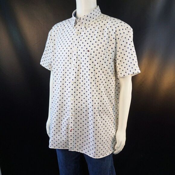 Tommy Hilfiger Mens XXL Shirt White Blue Abstract Print Slim Fit Short Sleeve - Picture 3 of 9